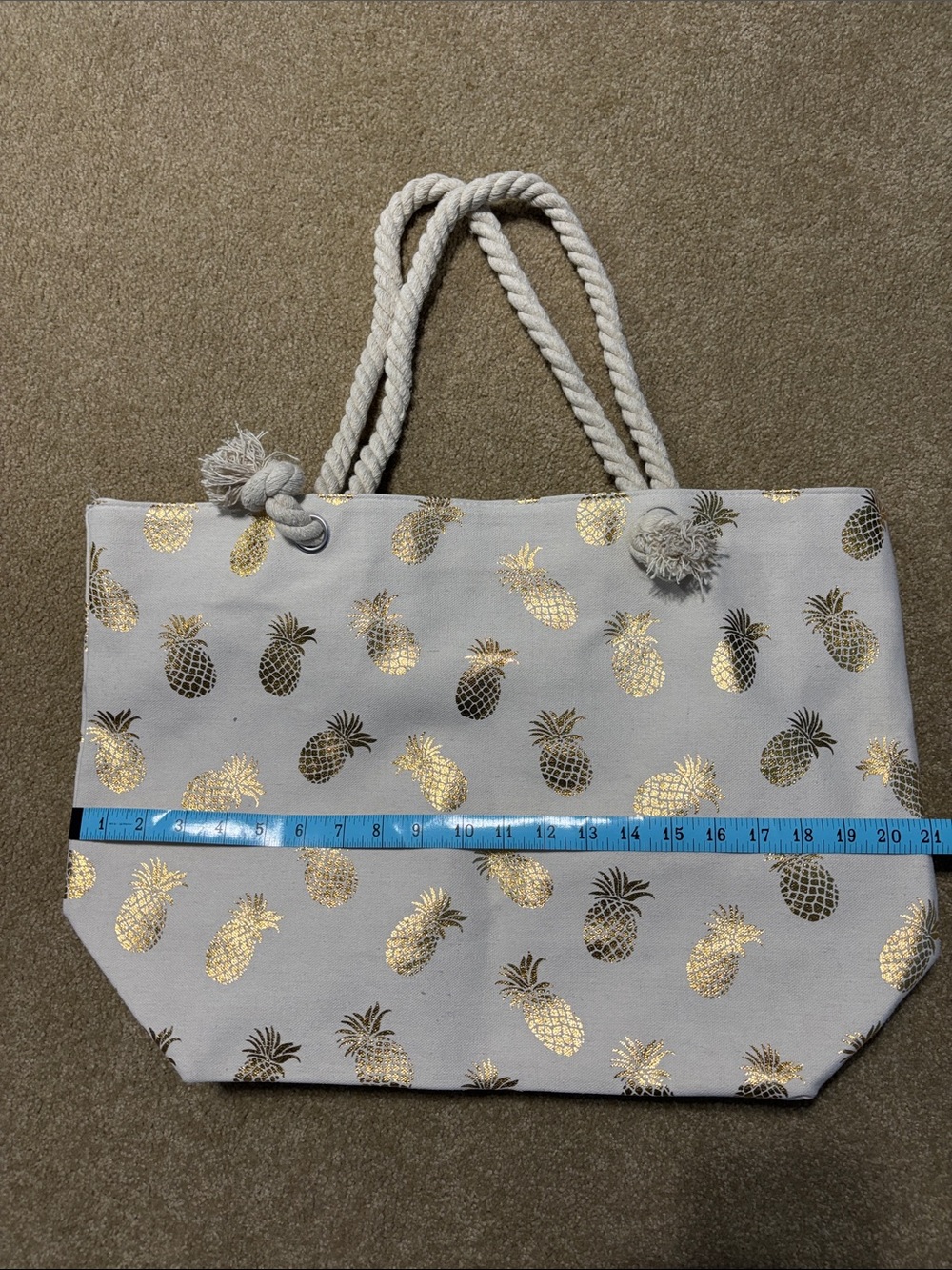 Canvas Tote Bag with Gold Pineapple Print